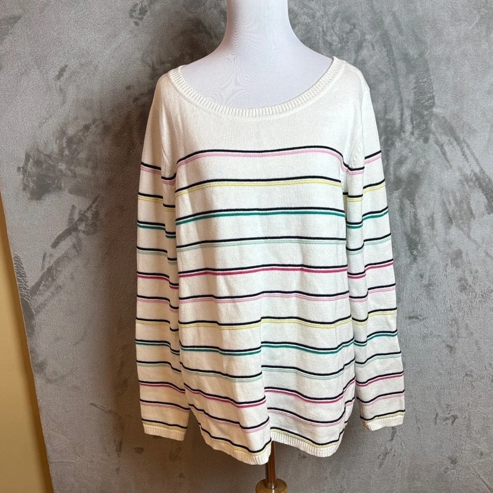 Talbots Cotton Sweater L White Multicolor Stripe Coastal Preppy Chic